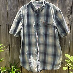 Carhartt Relaxed Fit Button Down Shirt Gray Blue Plaid Short Sleeve Men’s Large
